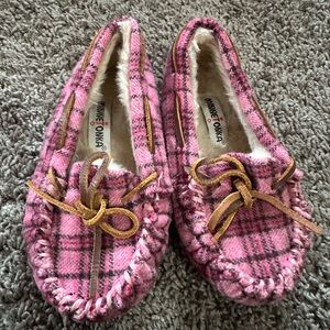 Minnetonka Pink Plaid Moccasins with Tan Accents
